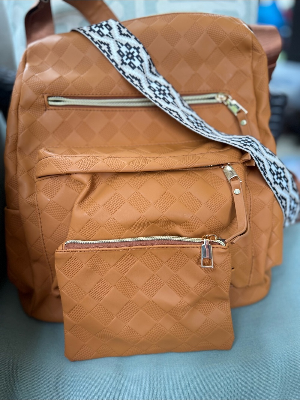 Tan/Cognac Backpack with Patterned Guitar Strap